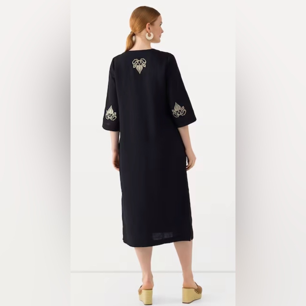 ULLA POPKEN DAMASK DETAIL SPLIT NECK SHORT SLEEVE DRESS, DARK MARINE, SIZE 20. - Picture 2 of 13